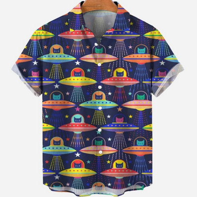 Cămașă scurtă cu mânecă hawaiană supradimensionată pentru bărbați, cu model de desene animate, colorate, cu flori, viking, îmbrăcăminte de lux