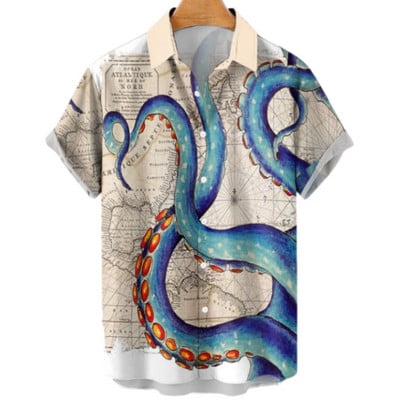 Cămașă scurtă cu mânecă hawaiană supradimensionată pentru bărbați, cu model de desene animate, colorate, cu flori, viking, îmbrăcăminte de lux