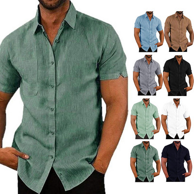 Καλοκαιρινά βαμβακερά λινά πουκάμισα για άντρες Casual κοντομάνικα πουκάμισα Μπλούζες επίσημα πουκάμισα παραλίας με μονόχρωμο κολάρο Ανδρικά ρούχα