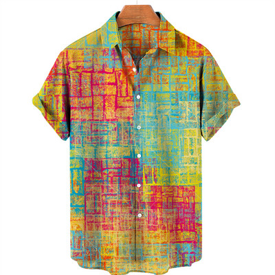 Vīriešu krekls Liela izmēra rūtaini ziedu topi ar īsām piedurknēm Vasaras ikdienas brīvdienu pogas Sociāli grezni apģērbi Vīriešu Havaju krekli 5XL