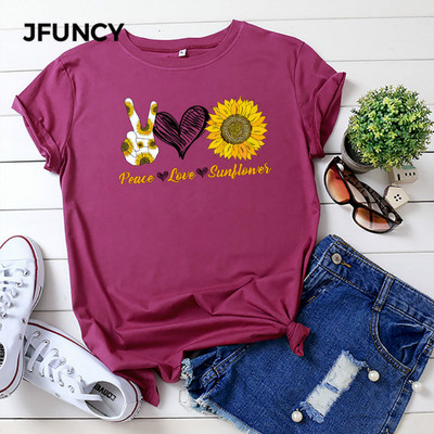 JFUNCY Sieviešu vasaras T krekls Sieviešu T-krekli Īsām piedurknēm Kokvilnas Tkrekls Peace Love Sunflower Print Sieviešu ikdienas T-krekli