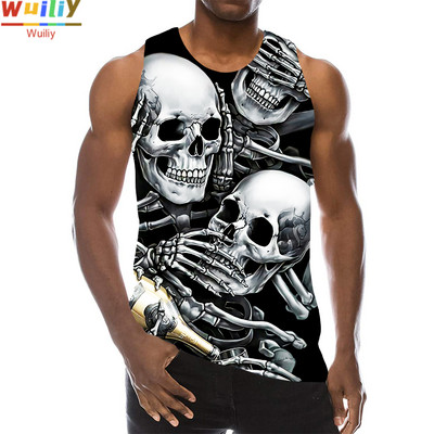Skeleton Meeste 3D-printidega Terror Skull Varrukateta mustriga topid Graafilised vestid Hip Hop Tänavarõivaste T-särgid