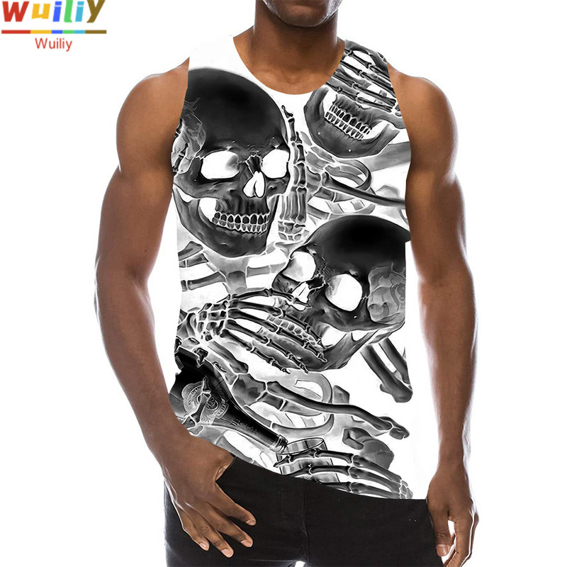 Skeleta topi vīriešiem 3D Print Terror Skull Bezpiedurkņu raksta topi Grafiskas veste Hip Hop Streetwear Tees