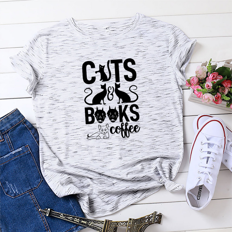 JFUNCY 100% kokvilnas lielizmēra sieviešu topi Sieviešu brīvs T krekls Kaķu apdrukas T-krekli Vasaras T-krekls Sieviešu krekls ar īsām piedurknēm