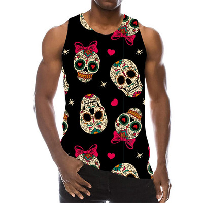 Череп Графичен потник за мъже 3D печат Rainbow Sleeveless Pattern Streetwear Топ Psychedelic Skeleton LA Hip Hop Vest