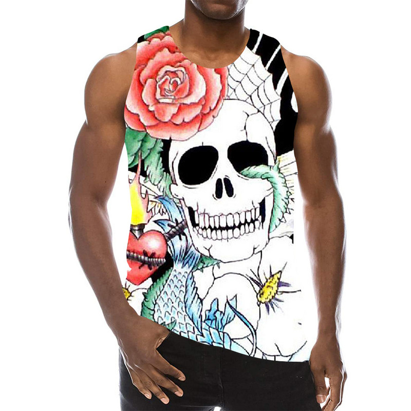 Majica bez rukava s motivima lubanje za muškarce, 3D print duginim uzorkom bez rukava, ulična odjeća, psihodelični kostur, LA hip hop prsluk