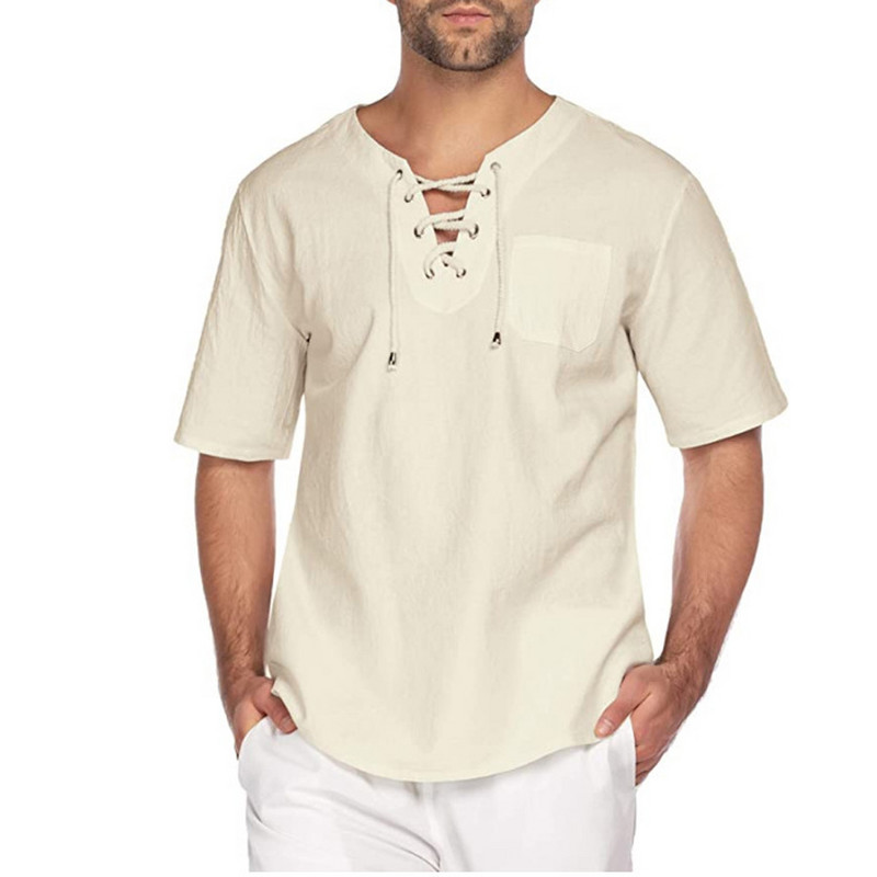 Vīriešu krekli Kokvilnas lina ar īsām piedurknēm elpojošs mežģīnes T-krekls ar V veida kakla izgriezumu Vasaras ikdienas kabatas blūze T krekls Vīriešu ielas apģērba augšdaļa