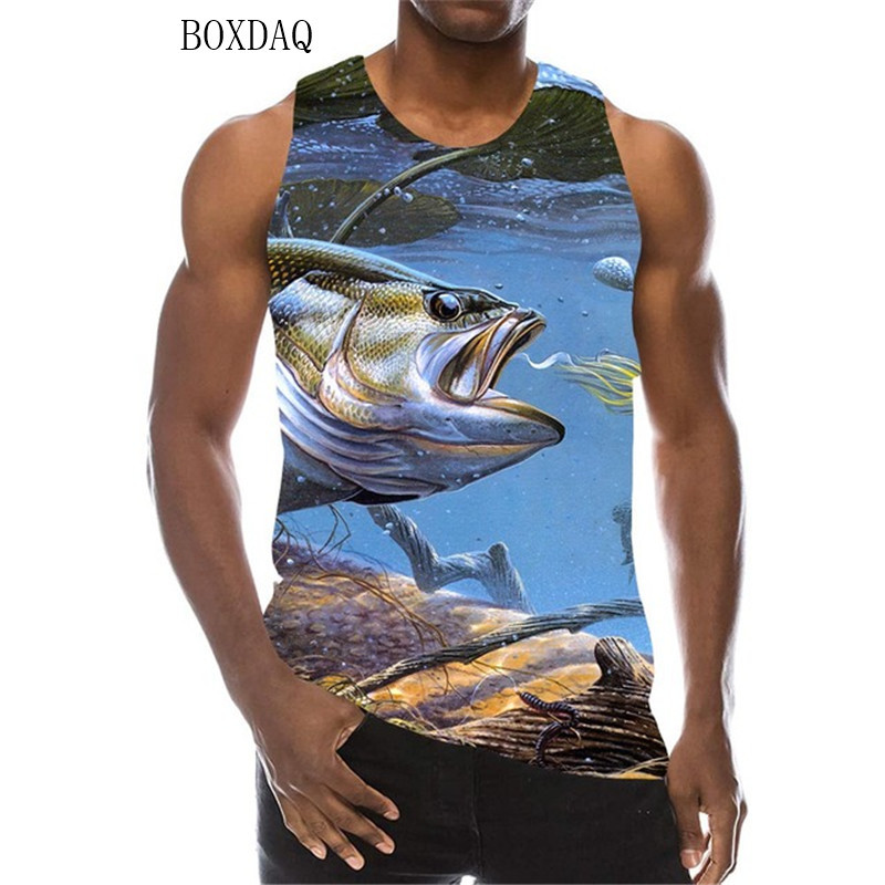 Makšķerēšanas raksta tvertne vīriešiem bez piedurknēm ar apaļu kaklu pludmales ikdienas liela izmēra topi vasaras 3D druka ielas stila vīriešu veste 6XL augšdaļa