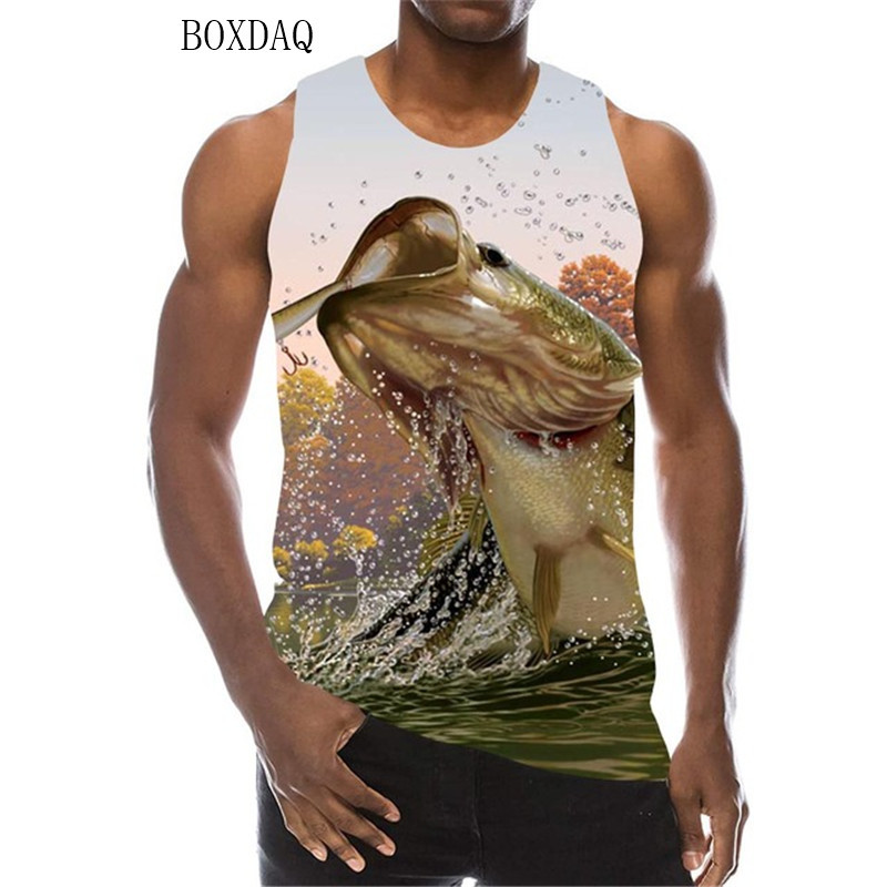 Makšķerēšanas raksta tvertne vīriešiem bez piedurknēm ar apaļu kaklu pludmales ikdienas liela izmēra topi vasaras 3D druka ielas stila vīriešu veste 6XL augšdaļa