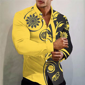 Kevadmood Särgid Meestele Vabaaja lilled Prindi Suur pikkade varrukatega nööptopp Meeste riided Puhkus camisas y blusas Uus
