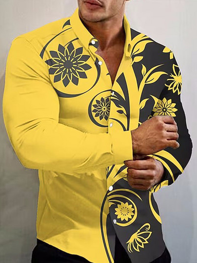 Kevadmood Särgid Meestele Vabaaja lilled Prindi Suur pikkade varrukatega nööptopp Meeste riided Puhkus camisas y blusas Uus
