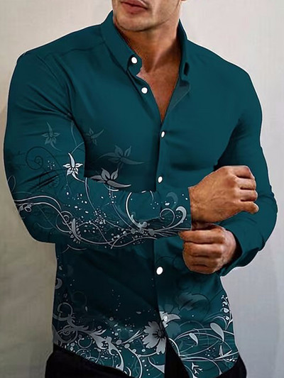 Kevadmood Särgid Meestele Vabaaja lilled Prindi Suur pikkade varrukatega nööptopp Meeste riided Puhkus camisas y blusas Uus