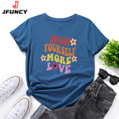 JFUNCY Mood Naiste T-särk Top Puuvillane T-särk Naiste lühikeste varrukatega graafilised T-särgid 2023 Suvised naiste riided Suuremõõduline T-särk