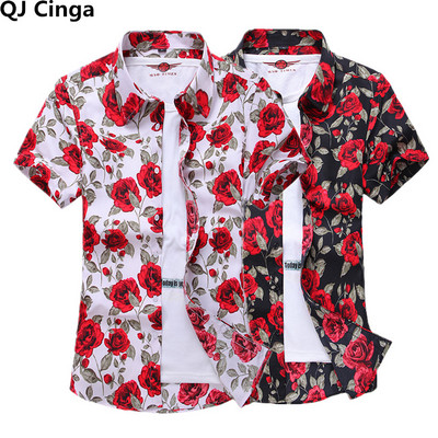 Καλοκαιρινό λευκό εμπριμέ κοντομάνικο πουκάμισο για άνδρες Hawaii Rose Flower πουκάμισα Hawaiian Vacation Camisa Chemise μεγάλο μέγεθος S-7xl