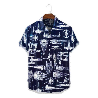 Мъжки модни ретро облекла Aerospace Machine Print Ежедневни дишащи хавайски ризи с къс ръкав мъжки и дамски топ ризи