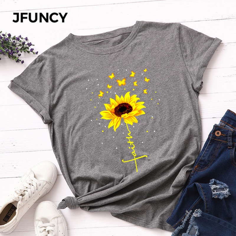 Tricou de vară JFUNCY pentru femei, tricou cu imprimeu de floarea-soarelui, fluture creativ, din bumbac, cu mânecă scurtă, tricou pentru femeie Camiseta Mujer