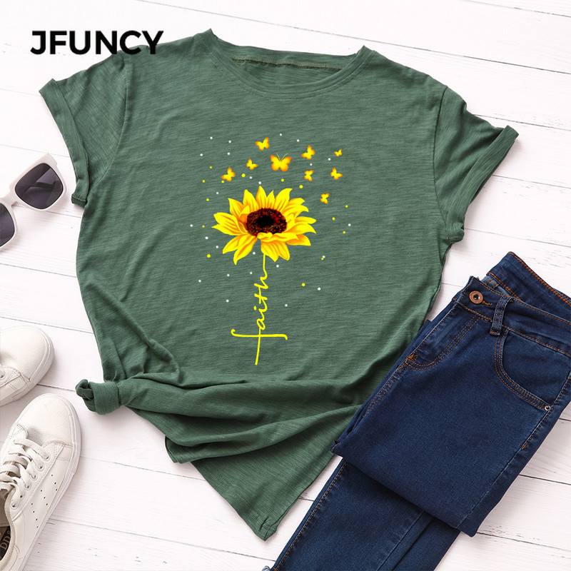Tricou de vară JFUNCY pentru femei, tricou cu imprimeu de floarea-soarelui, fluture creativ, din bumbac, cu mânecă scurtă, tricou pentru femeie Camiseta Mujer