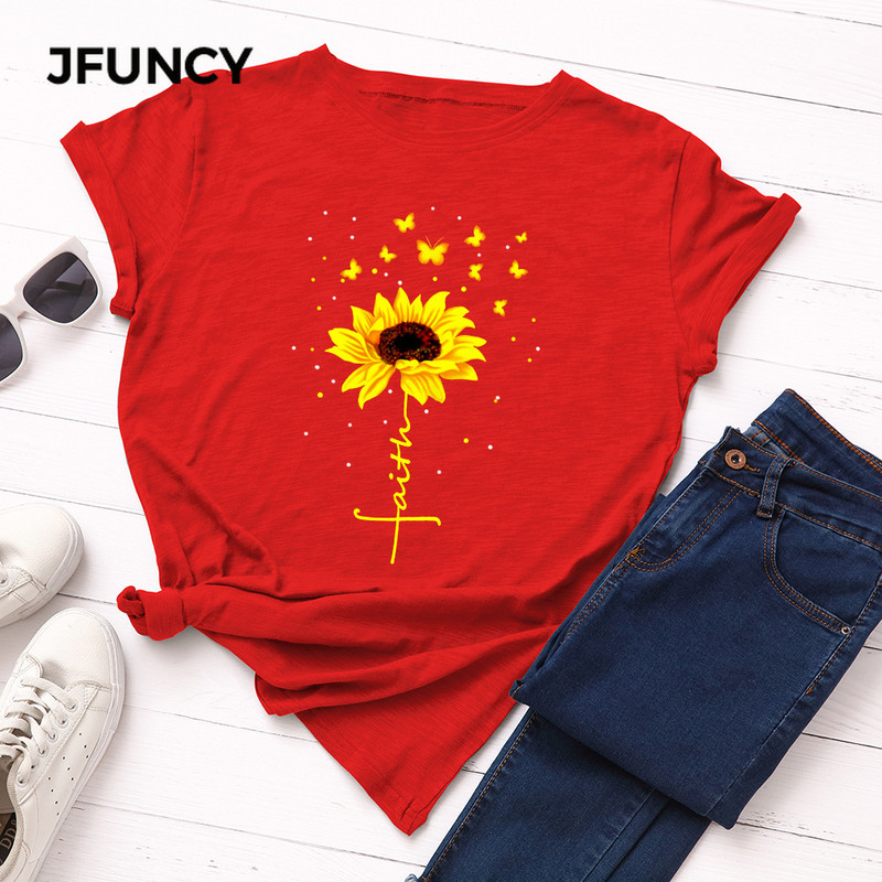 Tricou de vară JFUNCY pentru femei, tricou cu imprimeu de floarea-soarelui, fluture creativ, din bumbac, cu mânecă scurtă, tricou pentru femeie Camiseta Mujer