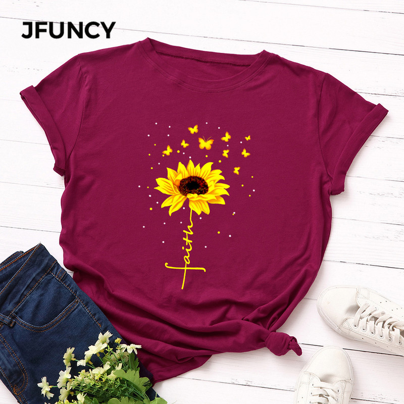 Tricou de vară JFUNCY pentru femei, tricou cu imprimeu de floarea-soarelui, fluture creativ, din bumbac, cu mânecă scurtă, tricou pentru femeie Camiseta Mujer