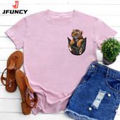 JFUNCY kokvilnas T-krekls Sieviešu krekls ar īsām piedurknēm Vasaras apģērbs Sieviešu T-krekls 2022. gada Kawaii Tiger Pocket Printed Graphic T krekli