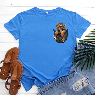 JFUNCY kokvilnas T-krekls Sieviešu krekls ar īsām piedurknēm Vasaras apģērbs Sieviešu T-krekls 2022. gada Kawaii Tiger Pocket Printed Graphic T krekli