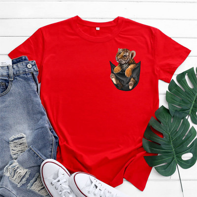 JFUNCY kokvilnas T-krekls Sieviešu krekls ar īsām piedurknēm Vasaras apģērbs Sieviešu T-krekls 2022. gada Kawaii Tiger Pocket Printed Graphic T krekli