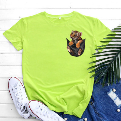 JFUNCY kokvilnas T-krekls Sieviešu krekls ar īsām piedurknēm Vasaras apģērbs Sieviešu T-krekls 2022. gada Kawaii Tiger Pocket Printed Graphic T krekli