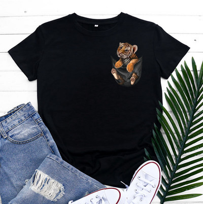 JFUNCY kokvilnas T-krekls Sieviešu krekls ar īsām piedurknēm Vasaras apģērbs Sieviešu T-krekls 2022. gada Kawaii Tiger Pocket Printed Graphic T krekli