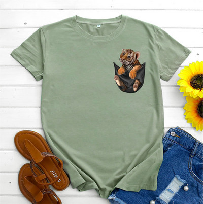 JFUNCY kokvilnas T-krekls Sieviešu krekls ar īsām piedurknēm Vasaras apģērbs Sieviešu T-krekls 2022. gada Kawaii Tiger Pocket Printed Graphic T krekli