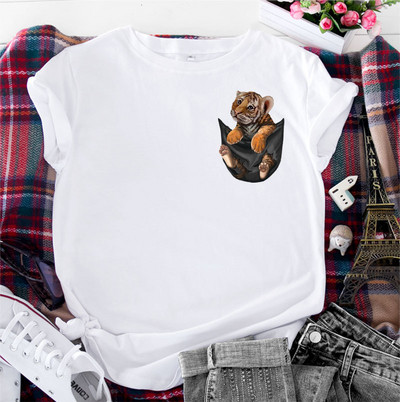JFUNCY kokvilnas T-krekls Sieviešu krekls ar īsām piedurknēm Vasaras apģērbs Sieviešu T-krekls 2022. gada Kawaii Tiger Pocket Printed Graphic T krekli