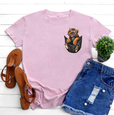 JFUNCY kokvilnas T-krekls Sieviešu krekls ar īsām piedurknēm Vasaras apģērbs Sieviešu T-krekls 2022. gada Kawaii Tiger Pocket Printed Graphic T krekli