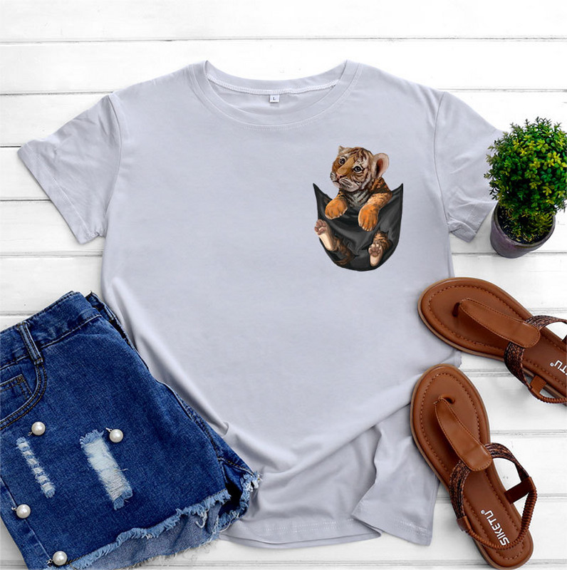 JFUNCY kokvilnas T-krekls Sieviešu krekls ar īsām piedurknēm Vasaras apģērbs Sieviešu T-krekls 2022. gada Kawaii Tiger Pocket Printed Graphic T krekli