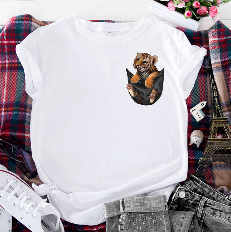 JFUNCY kokvilnas T-krekls Sieviešu krekls ar īsām piedurknēm Vasaras apģērbs Sieviešu T-krekls 2022. gada Kawaii Tiger Pocket Printed Graphic T krekli