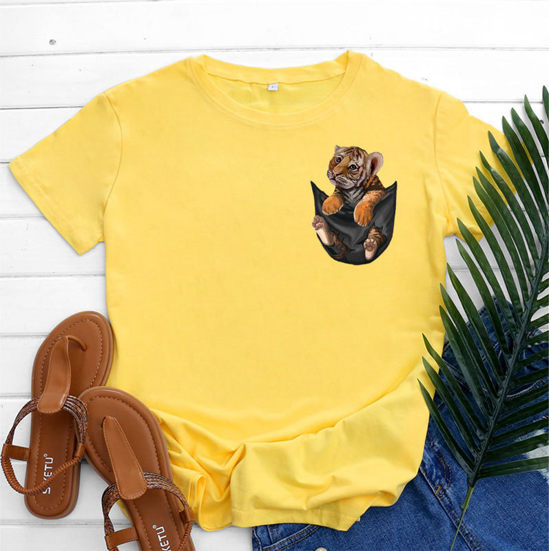 JFUNCY kokvilnas T-krekls Sieviešu krekls ar īsām piedurknēm Vasaras apģērbs Sieviešu T-krekls 2022. gada Kawaii Tiger Pocket Printed Graphic T krekli