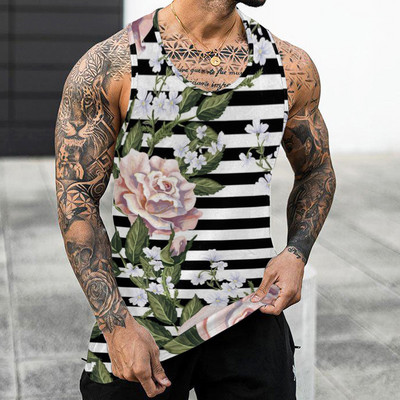 Férfi felső fitnesz alkalmi ruházat 3d hawaii csíkos virágos nyomott nyári ujjatlan ing testépítő tartályok alkalmi mellény