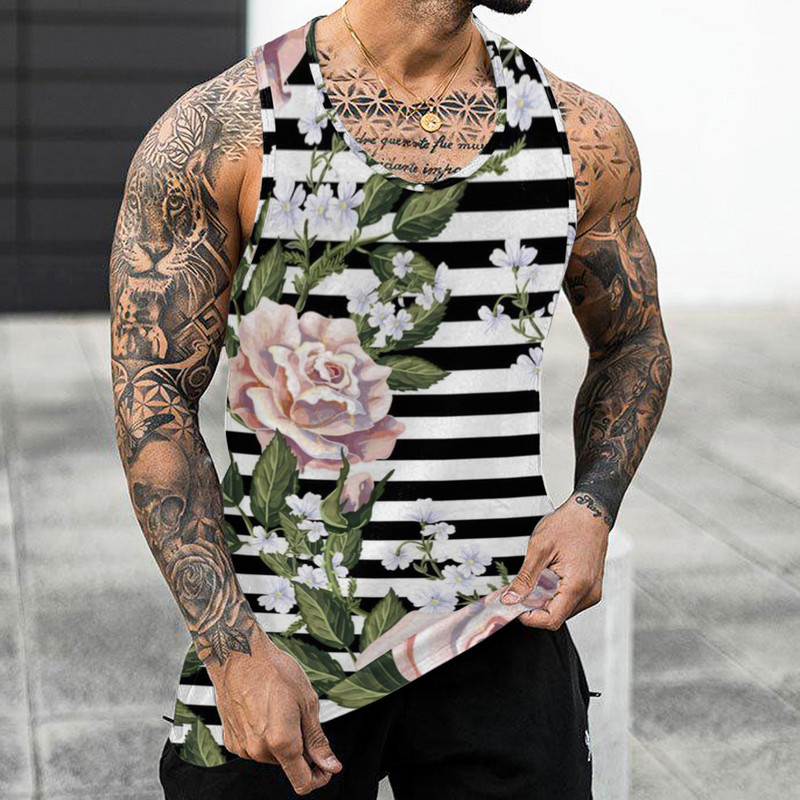 Férfi felső fitnesz alkalmi ruházat 3d hawaii csíkos virágos nyomott nyári ujjatlan ing testépítő tartályok alkalmi mellény