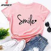 JFUNCY Υπερμεγέθη γυναικεία μπλουζάκια 100% βαμβακερό κοντομάνικο T-shirt Smile Letter Graphic Tshirt Γυναικείο Tshirt Γυναικεία μπλουζάκια