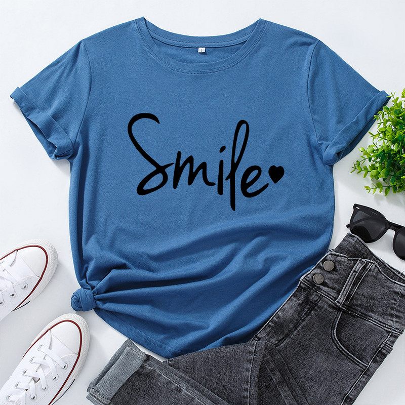 JFUNCY Υπερμεγέθη γυναικεία μπλουζάκια 100% βαμβακερό κοντομάνικο T-shirt Smile Letter Graphic Tshirt Γυναικείο Tshirt Γυναικεία μπλουζάκια