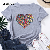 Tricou din bumbac pentru femei JFUNCY 5XL Tricou cu mânecă scurtă cu imprimeu cu inimă de dragoste pentru femei Tricou casual de vară Topuri pentru femei