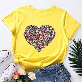 JFUNCY 5XL Γυναικείο βαμβακερό μπλουζάκι Χρώμα Love Heart Print Loose Tees Κοντό μανίκι Γυναικείο Casual Tshirt καλοκαιρινά γυναικεία μπλουζάκια