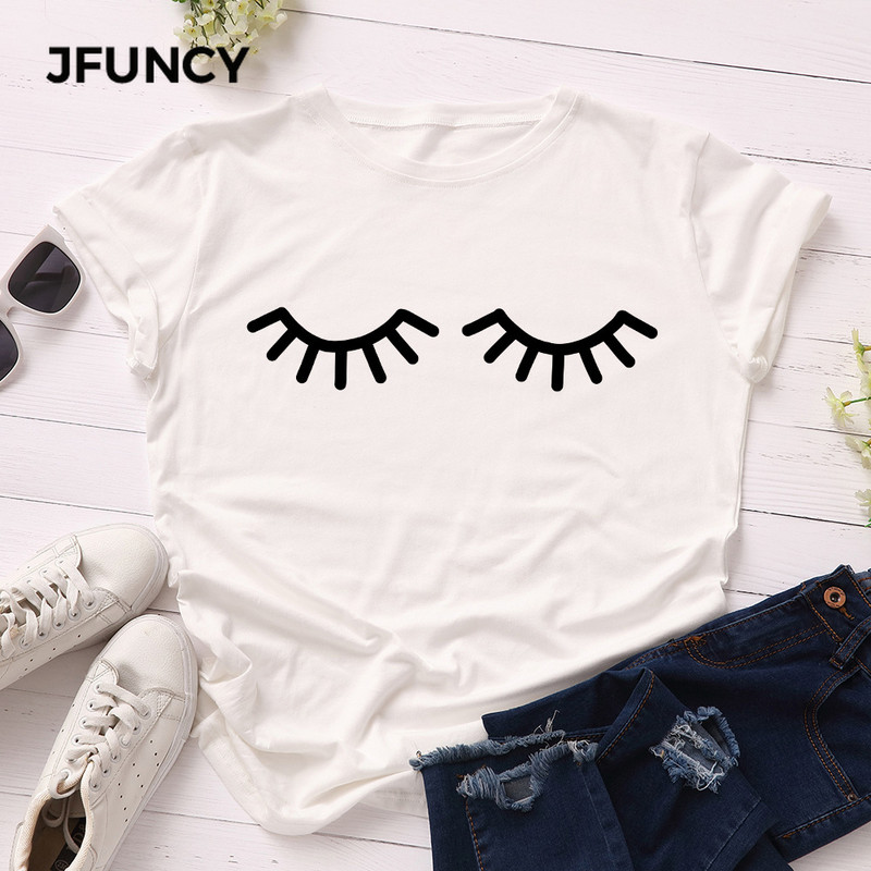 JFUNCY Vicces szempilla nyomott póló Női pamut póló nyári pólók felsők rövid ujjú női póló Női ingek