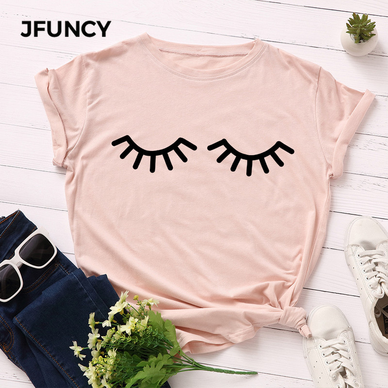 JFUNCY Vicces szempilla nyomott póló Női pamut póló nyári pólók felsők rövid ujjú női póló Női ingek