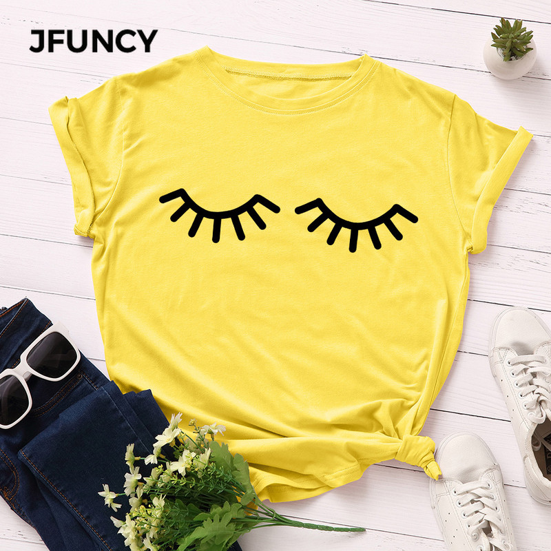 JFUNCY Vicces szempilla nyomott póló Női pamut póló nyári pólók felsők rövid ujjú női póló Női ingek