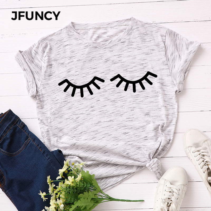 JFUNCY Vicces szempilla nyomott póló Női pamut póló nyári pólók felsők rövid ujjú női póló Női ingek