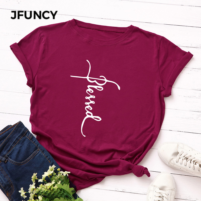 JFUNCY Letter Print S-5XL Női pólók Női rövid ujjú póló felsők Női alkalmi póló 2020 nyári pamut póló