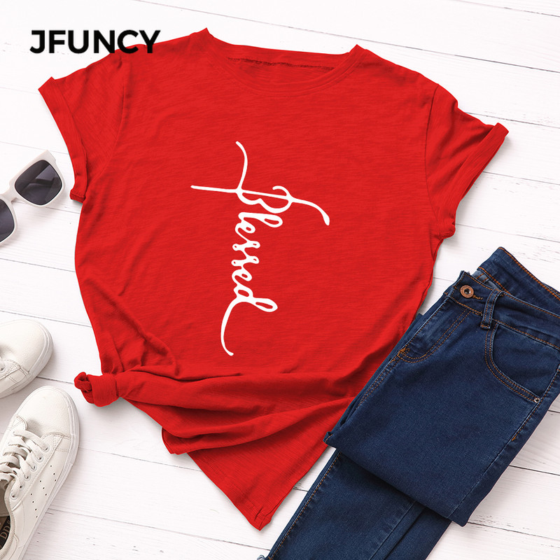 JFUNCY Letter Print S-5XL Női pólók Női rövid ujjú póló felsők Női alkalmi póló 2020 nyári pamut póló