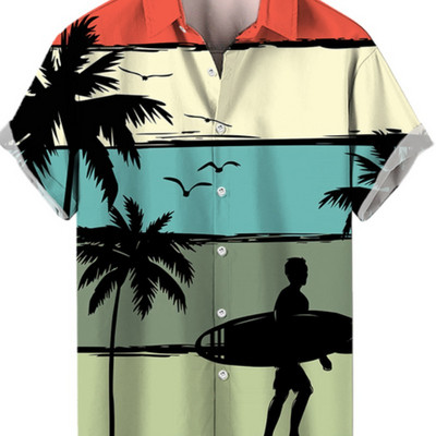 Ανδρικό κοντομάνικο πουκάμισο σε στυλ ανδρικής παραλίας Χαβάης με τρισδιάστατο τυπωμένο vintage χρώμα μπλοκ μόδας Creative Loose Breathable