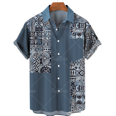 Ανδρικό κοντομάνικο πουκάμισο σε στυλ ανδρικής παραλίας Χαβάης με τρισδιάστατο τυπωμένο vintage χρώμα μπλοκ μόδας Creative Loose Breathable