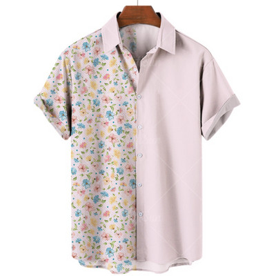 Ανδρικό κοντομάνικο πουκάμισο σε στυλ ανδρικής παραλίας Χαβάης με τρισδιάστατο τυπωμένο vintage χρώμα μπλοκ μόδας Creative Loose Breathable