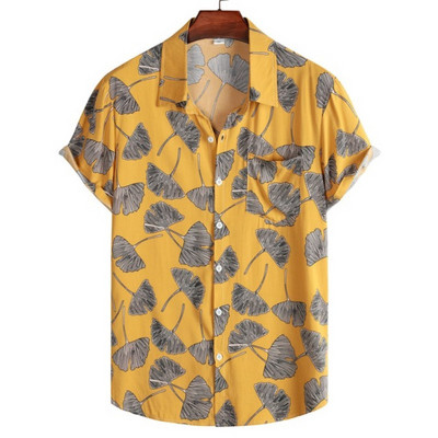Ανδρικό κοντομάνικο πουκάμισο σε στυλ ανδρικής παραλίας Χαβάης με τρισδιάστατο τυπωμένο vintage χρώμα μπλοκ μόδας Creative Loose Breathable